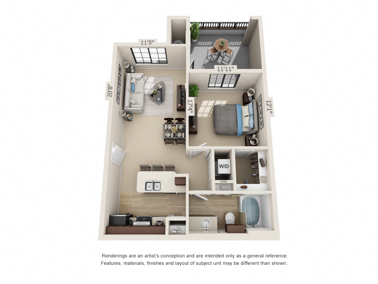 Floor plan for 1 bed, 1 bath, 685 sqft